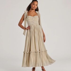 Sweetheart Tie Strap Polka Dot Formal Midi Dress